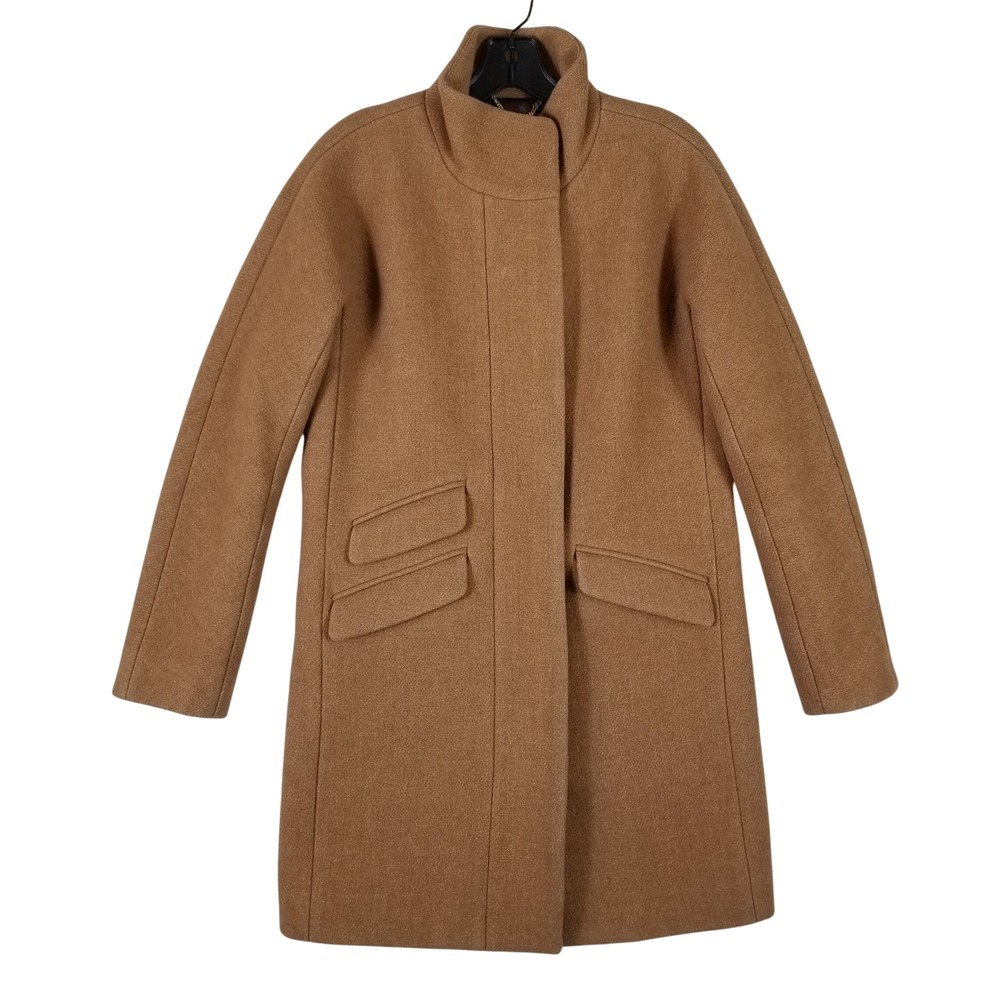 J.Crew Italian Wool Coat Womens 0 Camel Brown Funnel Neck Zip Up Stadium Jacket